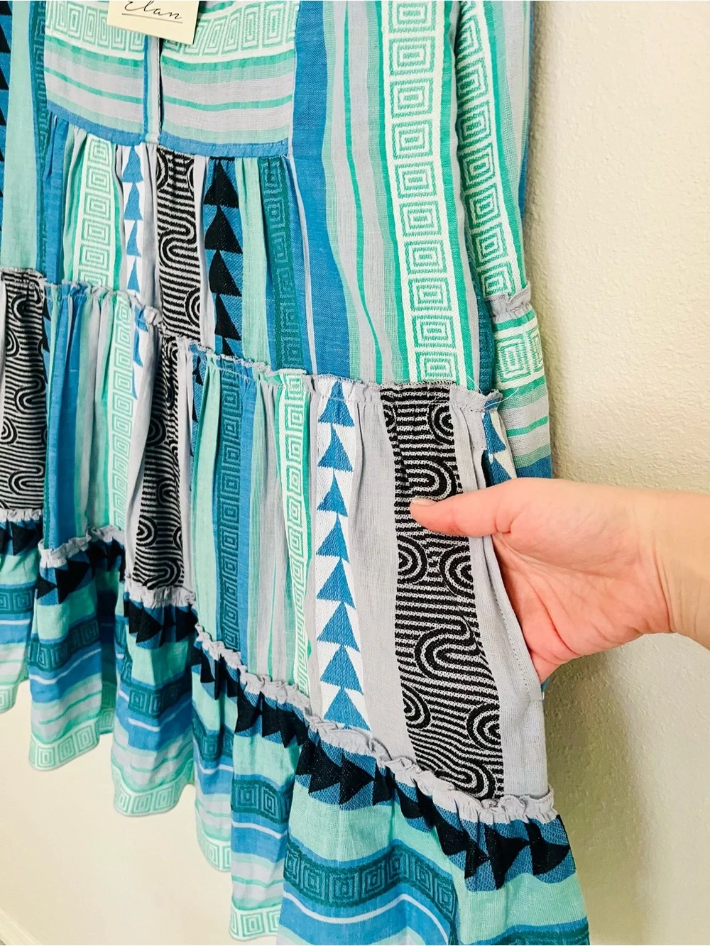 Elan Woman’s blue and green Boho Stripe Tiered Dress - Picture 6 of 8